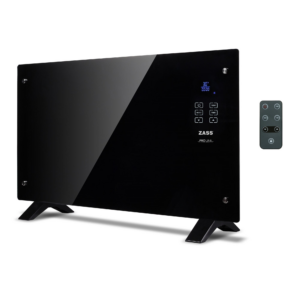 Convector electric de sticla Zass ZKG 02 BR, 2000 W, Suprafata de sticla, Telecomanda, Afisaj LCD cu Touch screen, 3 functii, montare pe podea sau perete, Negru
