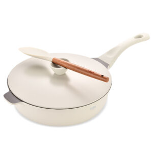 Set tigaie multifunctionala din aluminiu turnat sub presiune 4 piese ZASS Gourmet ZG-ACS 07, Ultra antiaderenta, Acoperire ceramica, Cu capac si sita aburi, Crem