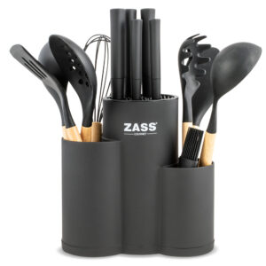 Set cutite si ustensile de bucatarie 14 piese Zass Gourmet ZG-KS 08, Suport cu 3 compartimente, Negru