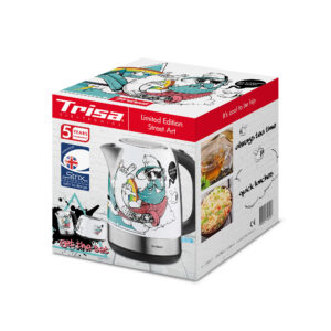 Fierbator electric editie limitata Trisa Street Art 6439.7112, 1.7 l, 2200 W, Oprire automata, Strix Control, Design grafitti, Alb