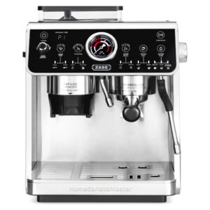 Aparat de cafea espresso semiprofesional ZASS Pro Line ZEM 11, Putere 2800 W cu manometru, Carcasa inox inoxidabil, Taste digitale iluminate si afisaj LED, Presiune 20 bar, Preinfuzare la presiune joasa, Rezervor apa 2, 7 L, macinare reglabila