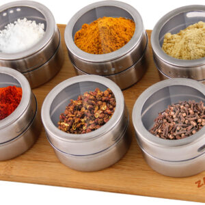 Set Recipiente condimente cu suport magnetic 7 Piese ZASS Gourmet ZG-MSR 01,Dimensiune recipient: 6,3 x 4 cm (capacitate aprox. 100 ml), Argintiu