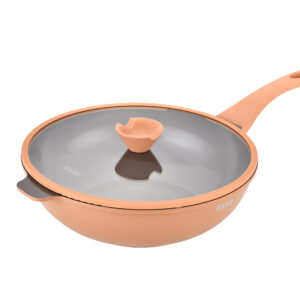 Tigaie tip wok din aluminiu turnat sub presiune si acoperire ceramica cu capac din sticla 30 cm ZG-ACS 08 TERRACOTTA