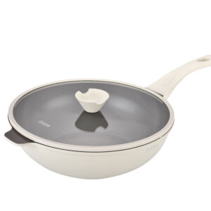 Tigaie tip wok din aluminiu turnat sub presiune si acoperire ceramica cu capac din sticla 30 cm ZG-ACS 08 CREM