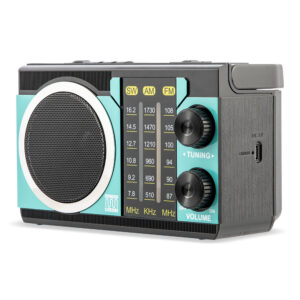 Radio portabil cu difuzor Bluetooth Electromures EM 1043, design vintage, Bluetooth 6.0, USB, slot TF, autonomie pana la 7 ore, lanterna LED, antena telescopica, 16 x 8 x 10 cm, albastru